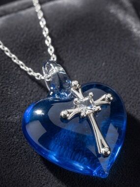 STERLING SILVER Blue murano Heart Pendant Necklace with Silver Cross zirconia